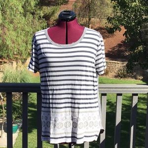 Tory Burch grey, navy & white striped cotton logo tee.  small stain last pic